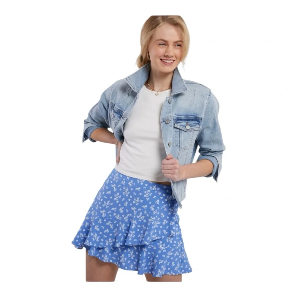 ORIGINALITY Blue Floral Asymmetrical Ruffles Lined Mini Skirt LARGE White/Blue